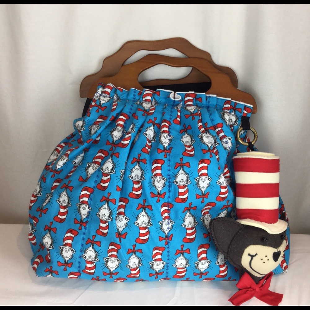 Handmade bag - Cat in the hat print +big cat charm